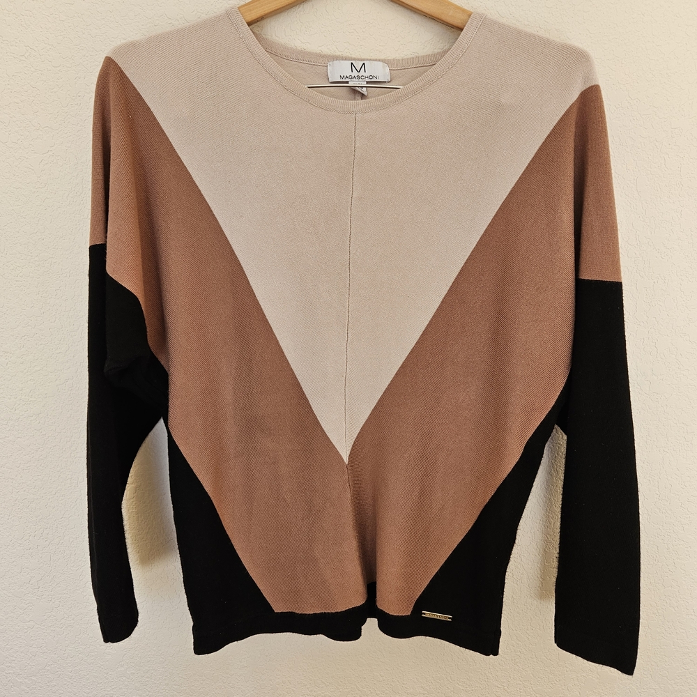 Magaschoni Sweater Women’s Size Medium Black & Tan Pullover